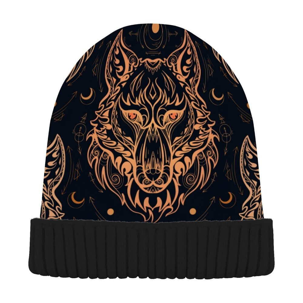 2630 Wolf Head Boho Bohemian Tribal Beanie Winter Hat Reversible Skull